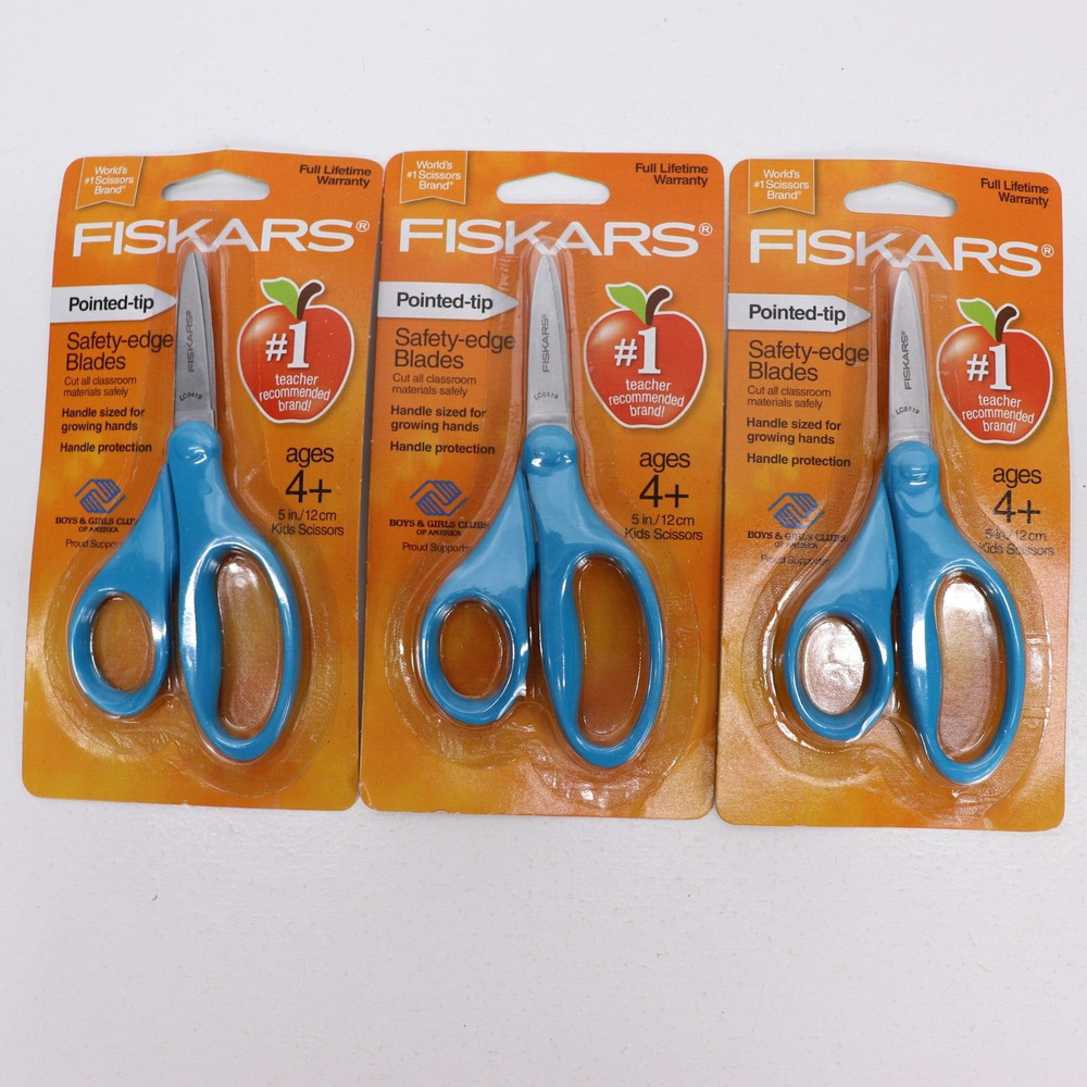 3x Fiskars Kids School Scissors Blue Pointed Tip For Both Left And Right Handed